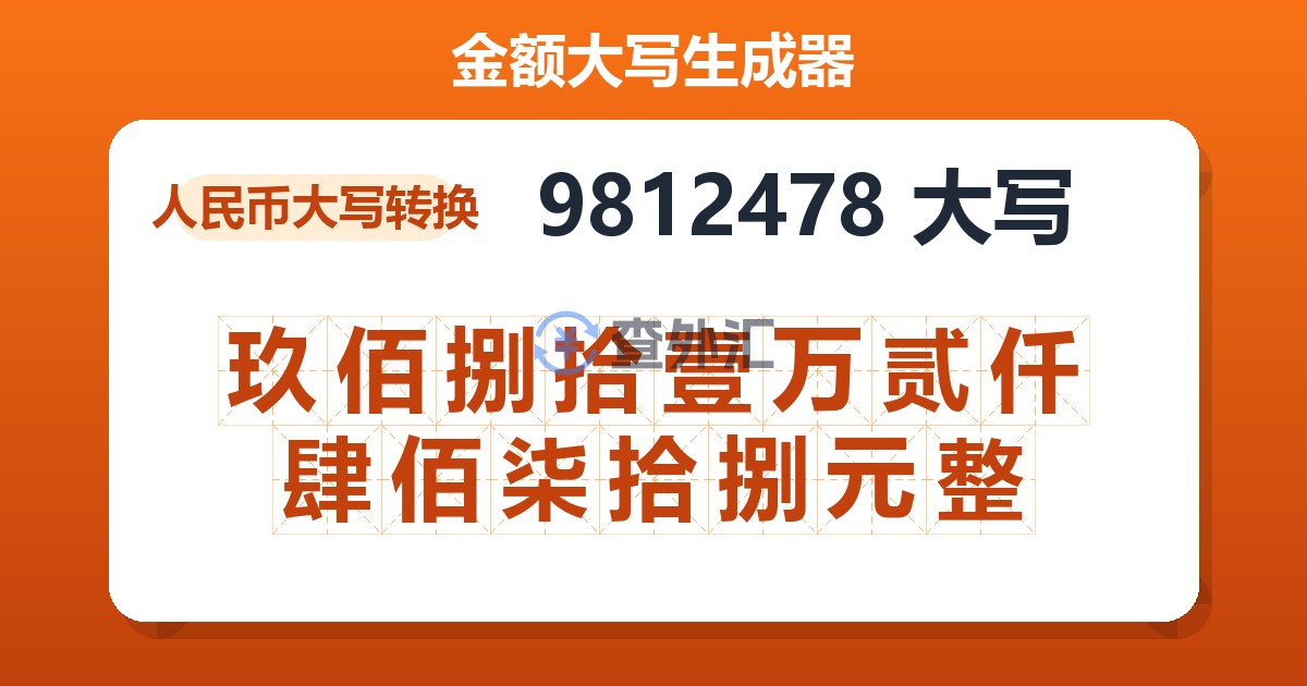 9812478大写 玖佰捌拾壹万贰仟肆佰柒拾捌元整