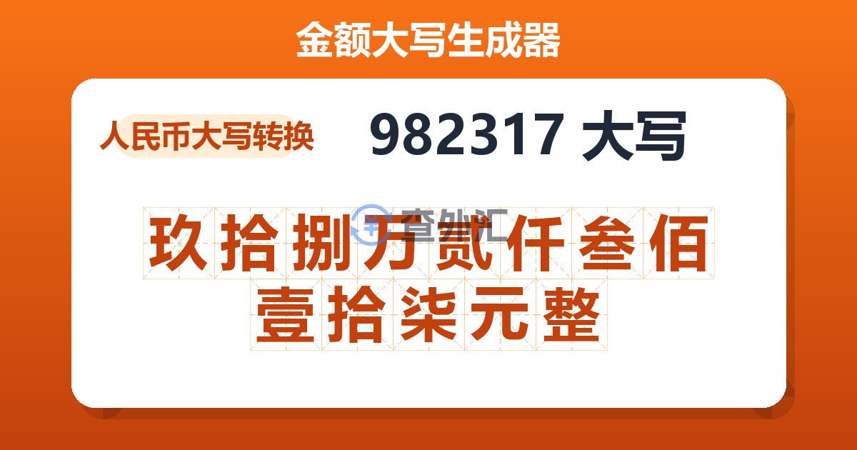 982317大写 玖拾捌万贰仟叁佰壹拾柒元整
