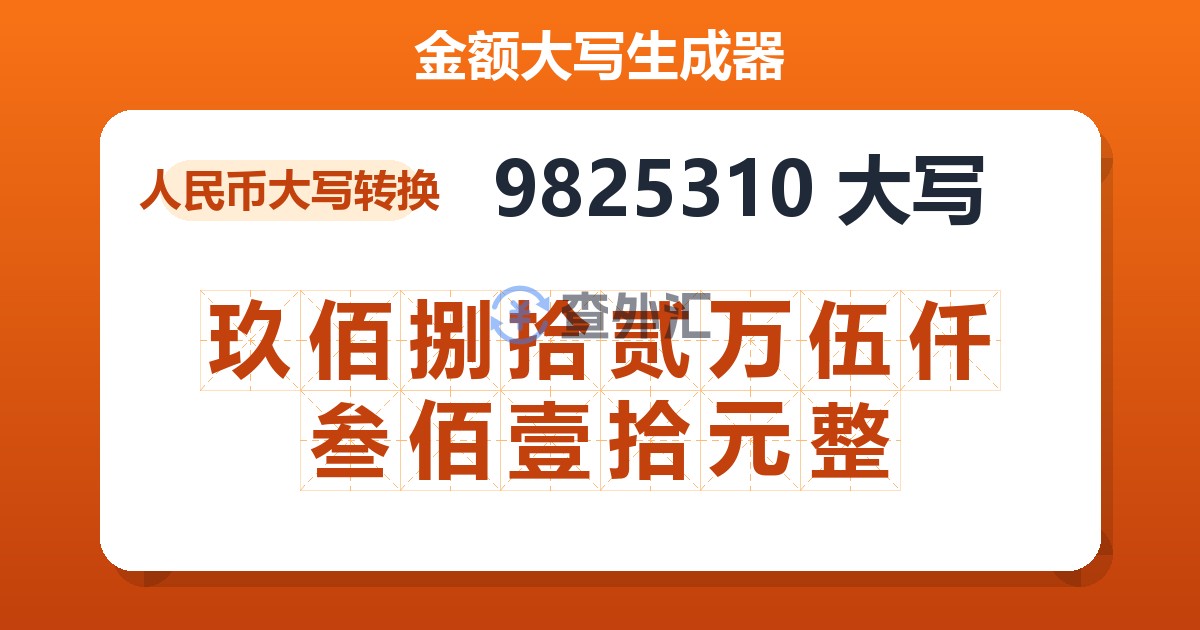 9825310大写 玖佰捌拾贰万伍仟叁佰壹拾元整