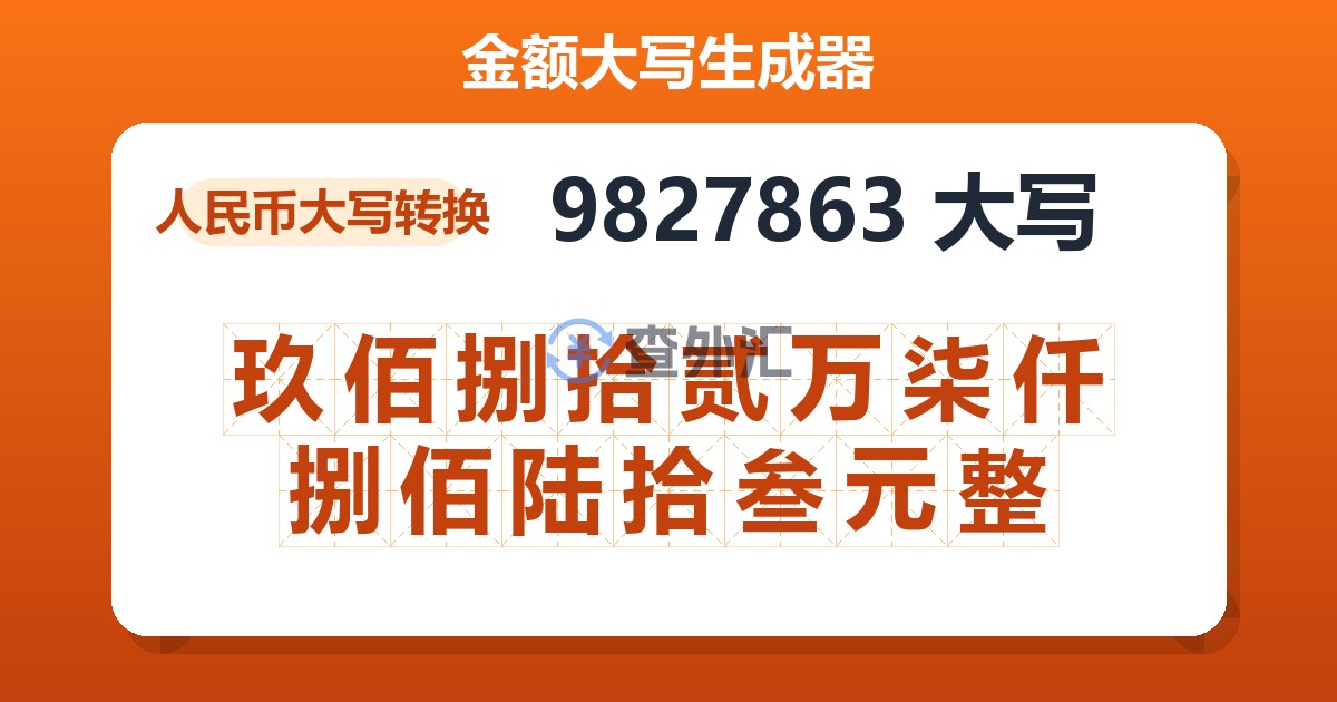 9827863大写 玖佰捌拾贰万柒仟捌佰陆拾叁元整