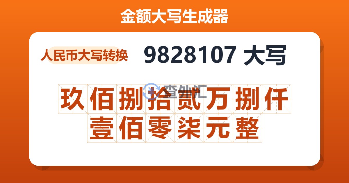 9828107大写 玖佰捌拾贰万捌仟壹佰零柒元整