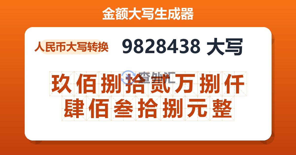 9828438大写 玖佰捌拾贰万捌仟肆佰叁拾捌元整