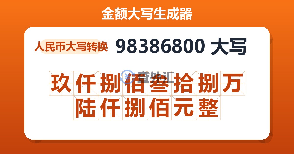 98386800大写 玖仟捌佰叁拾捌万陆仟捌佰元整