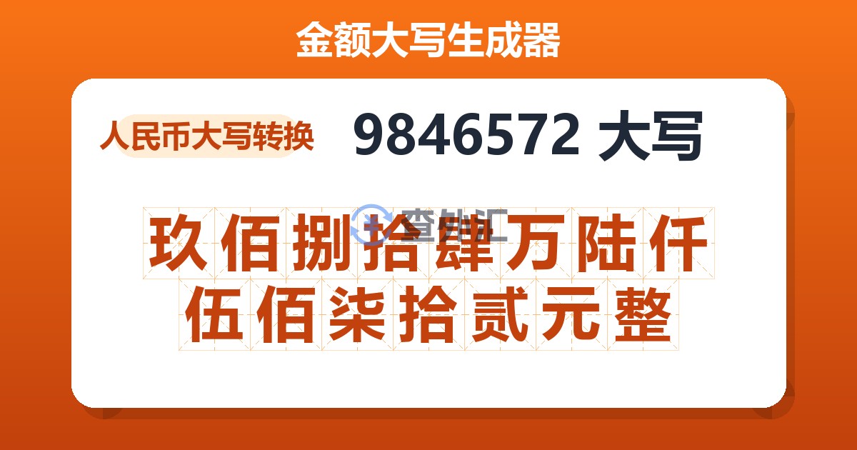 9846572大写 玖佰捌拾肆万陆仟伍佰柒拾贰元整