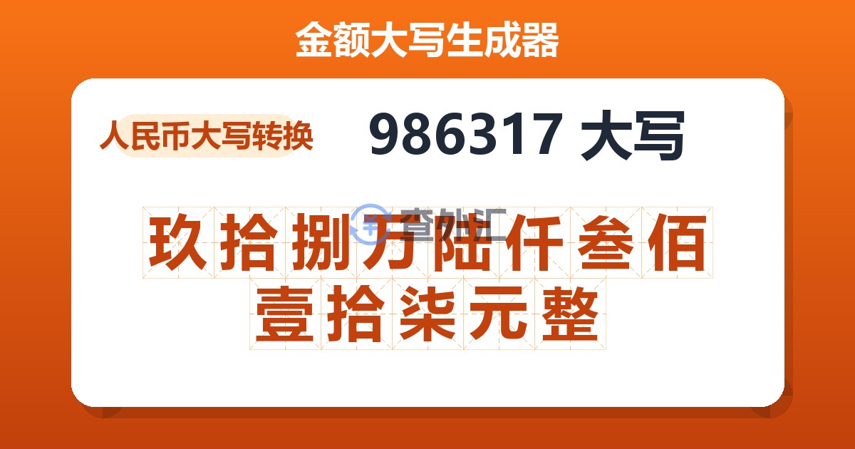 986317大写 玖拾捌万陆仟叁佰壹拾柒元整