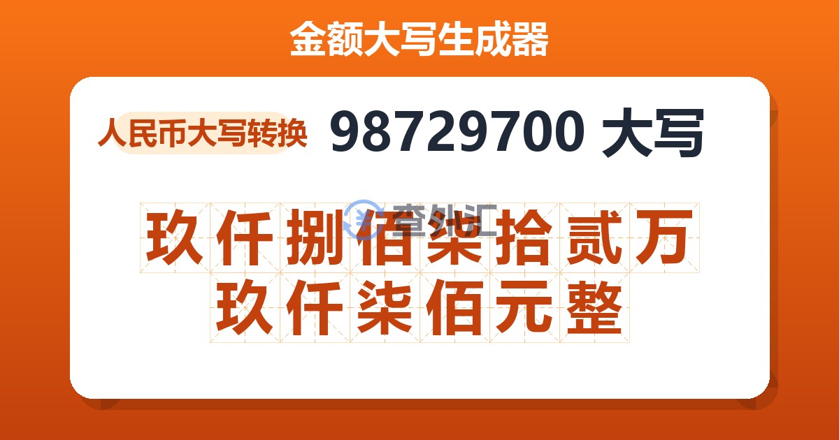 98729700大写 玖仟捌佰柒拾贰万玖仟柒佰元整