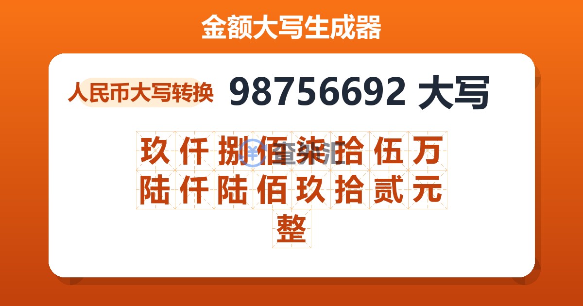 98756692大写 玖仟捌佰柒拾伍万陆仟陆佰玖拾贰元整