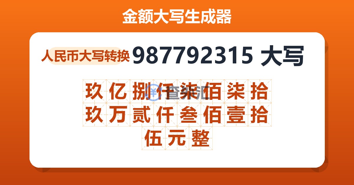 987792315大写 玖亿捌仟柒佰柒拾玖万贰仟叁佰壹拾伍元整
