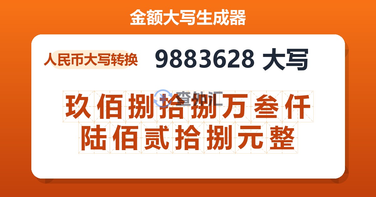 9883628大写 玖佰捌拾捌万叁仟陆佰贰拾捌元整