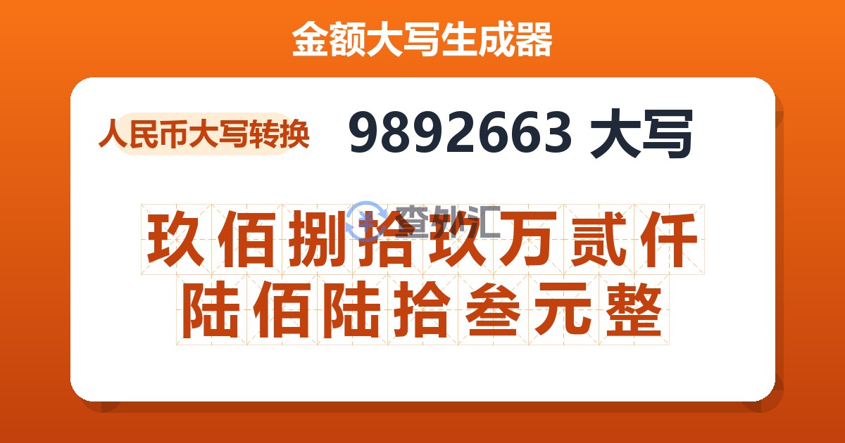 9892663大写 玖佰捌拾玖万贰仟陆佰陆拾叁元整