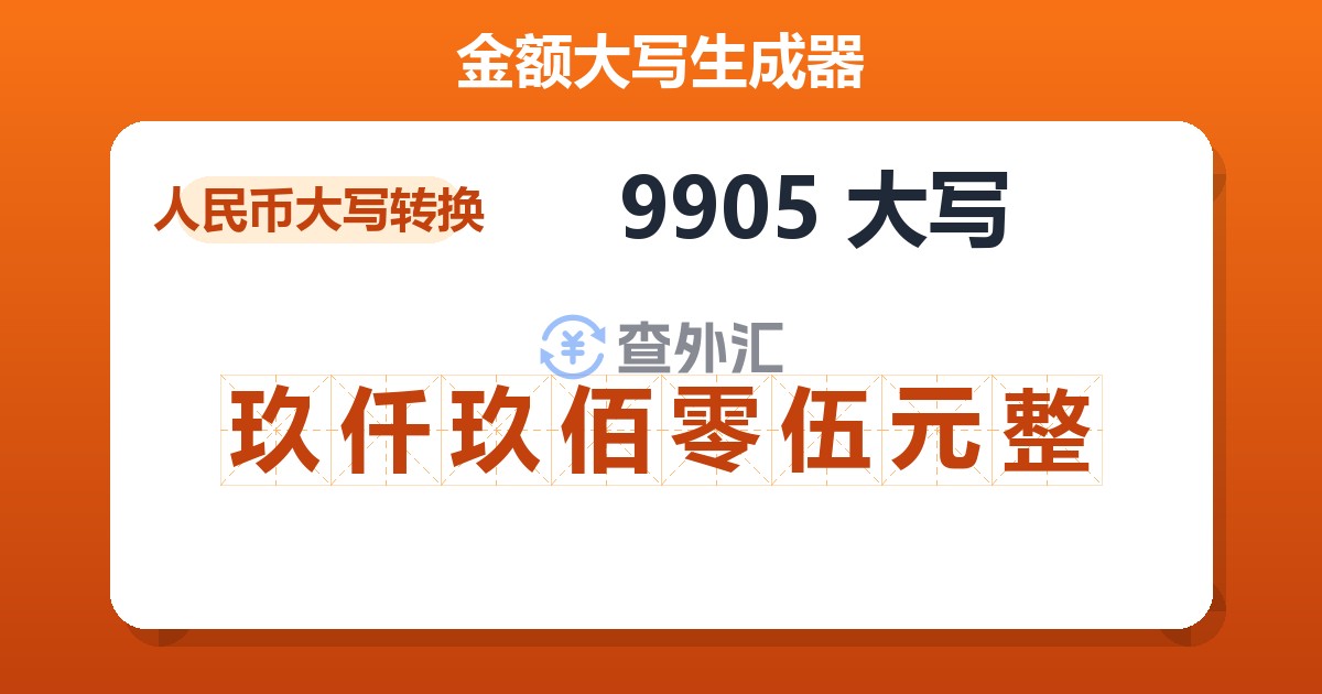 9905大写 玖仟玖佰零伍元整