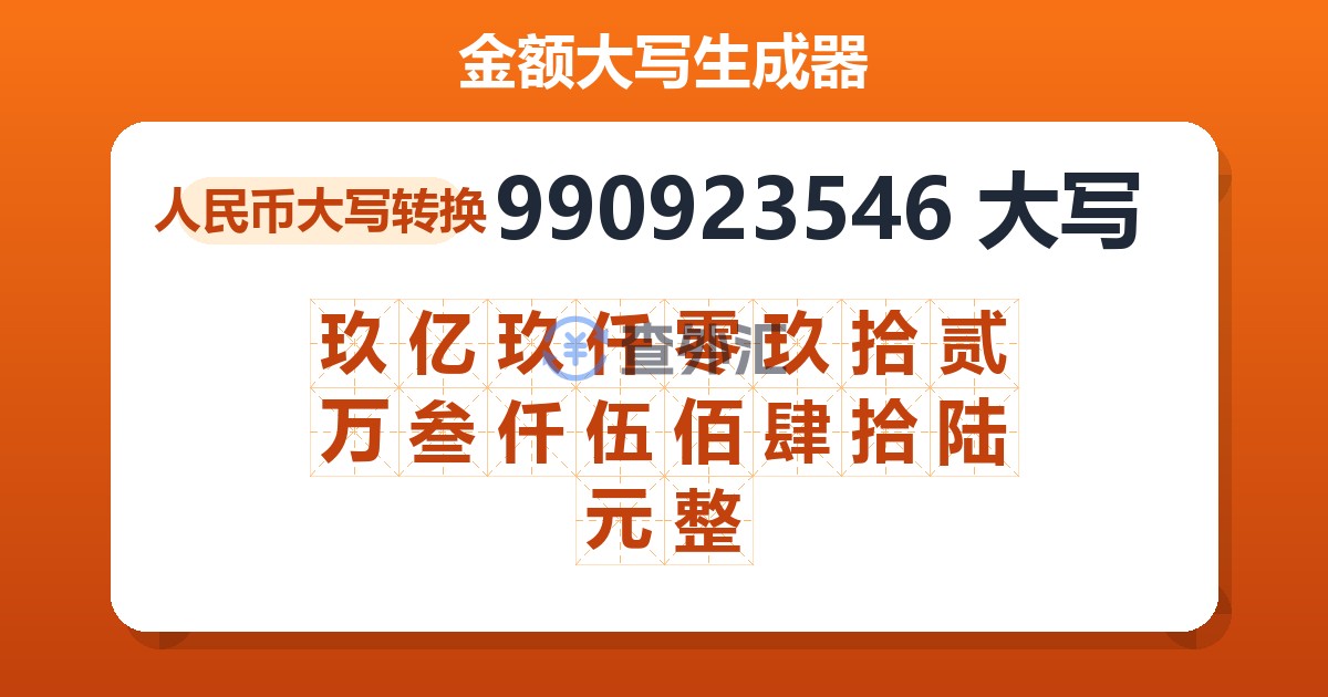 990923546大写 玖亿玖仟零玖拾贰万叁仟伍佰肆拾陆元整