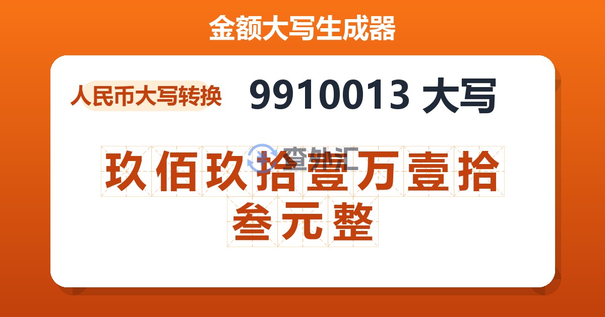 9910013大写 玖佰玖拾壹万壹拾叁元整