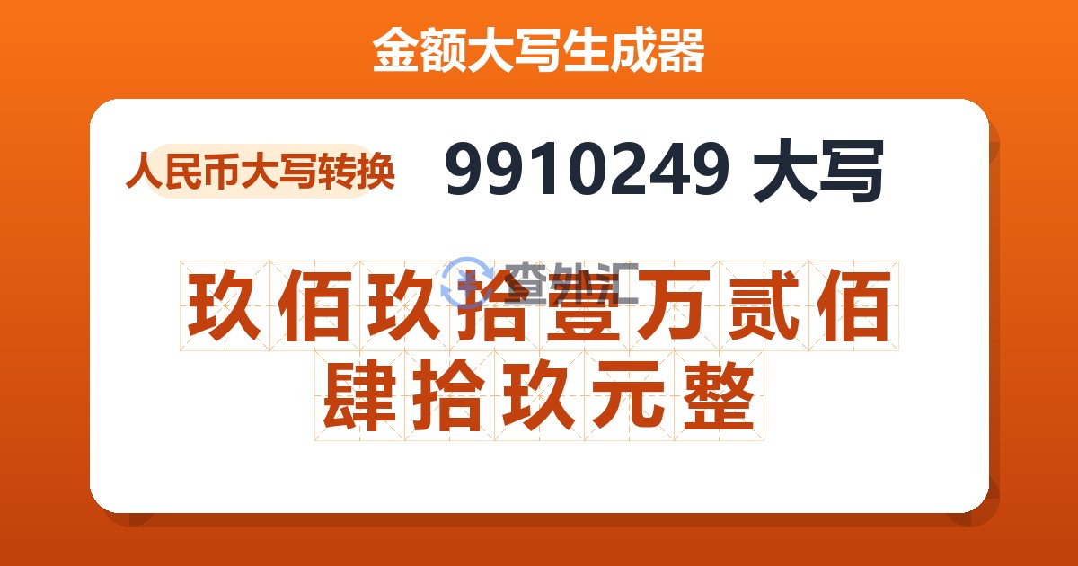 9910249大写 玖佰玖拾壹万贰佰肆拾玖元整