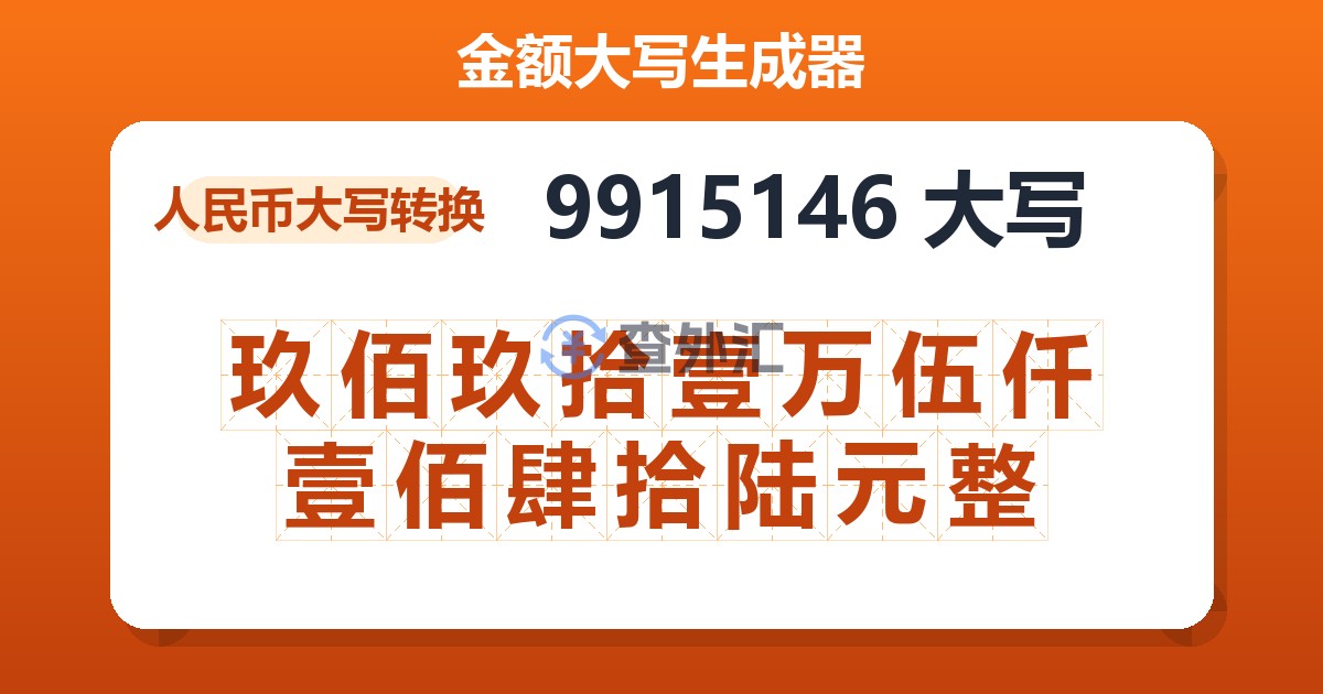 9915146大写 玖佰玖拾壹万伍仟壹佰肆拾陆元整