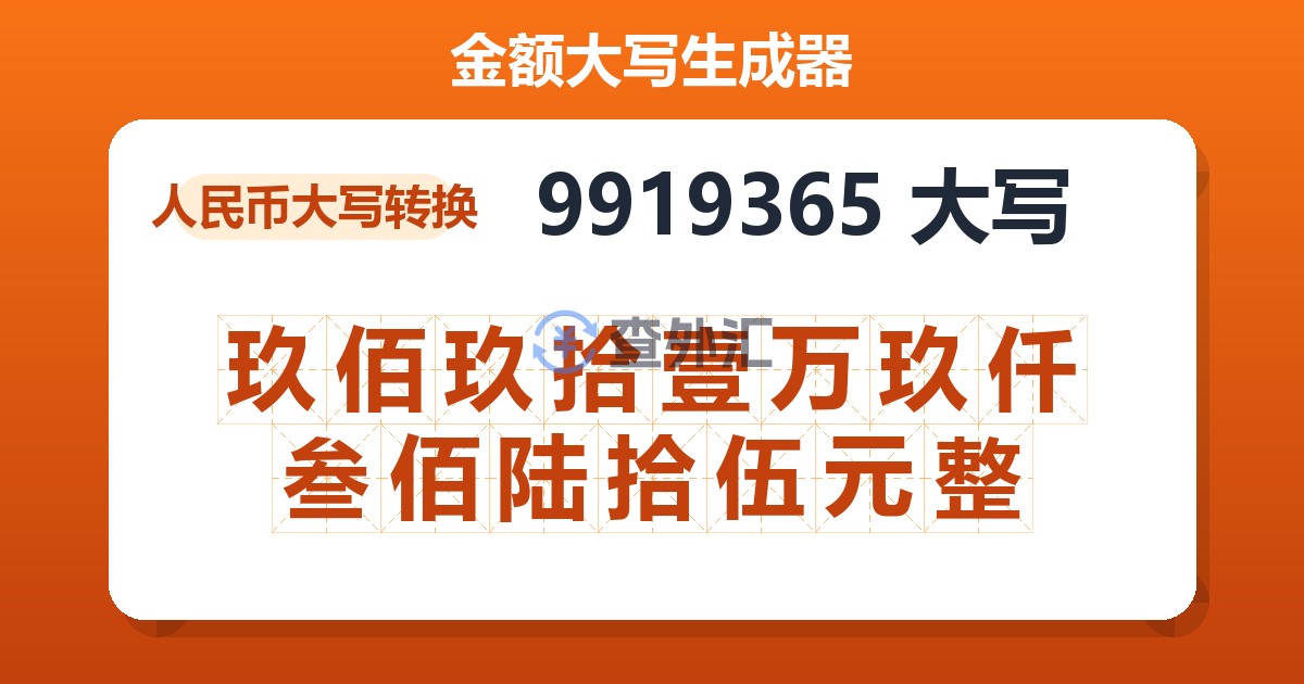 9919365大写 玖佰玖拾壹万玖仟叁佰陆拾伍元整