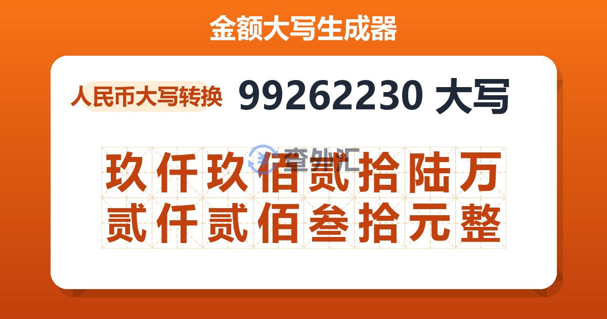 99262230大写 玖仟玖佰贰拾陆万贰仟贰佰叁拾元整