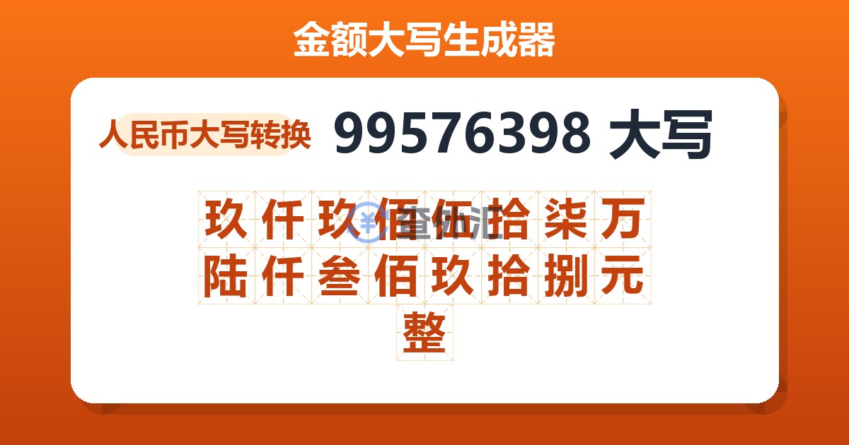 99576398大写 玖仟玖佰伍拾柒万陆仟叁佰玖拾捌元整