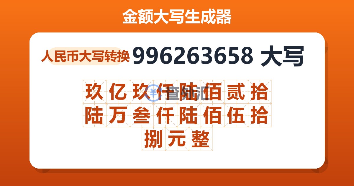996263658大写 玖亿玖仟陆佰贰拾陆万叁仟陆佰伍拾捌元整