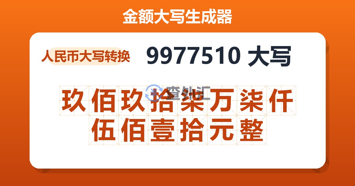 9977510大写 玖佰玖拾柒万柒仟伍佰壹拾元整