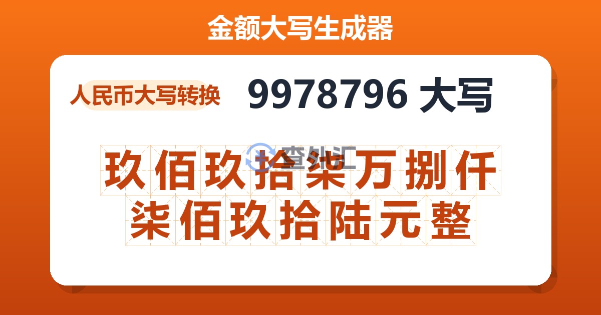 9978796大写 玖佰玖拾柒万捌仟柒佰玖拾陆元整