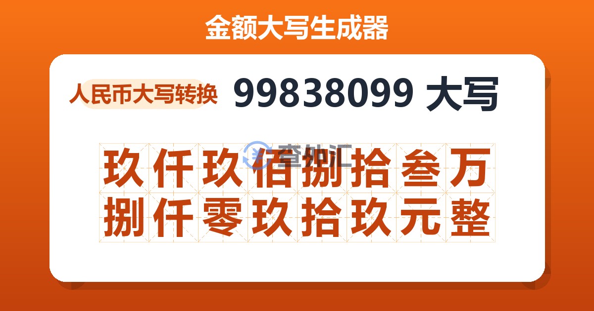 99838099大写 玖仟玖佰捌拾叁万捌仟零玖拾玖元整