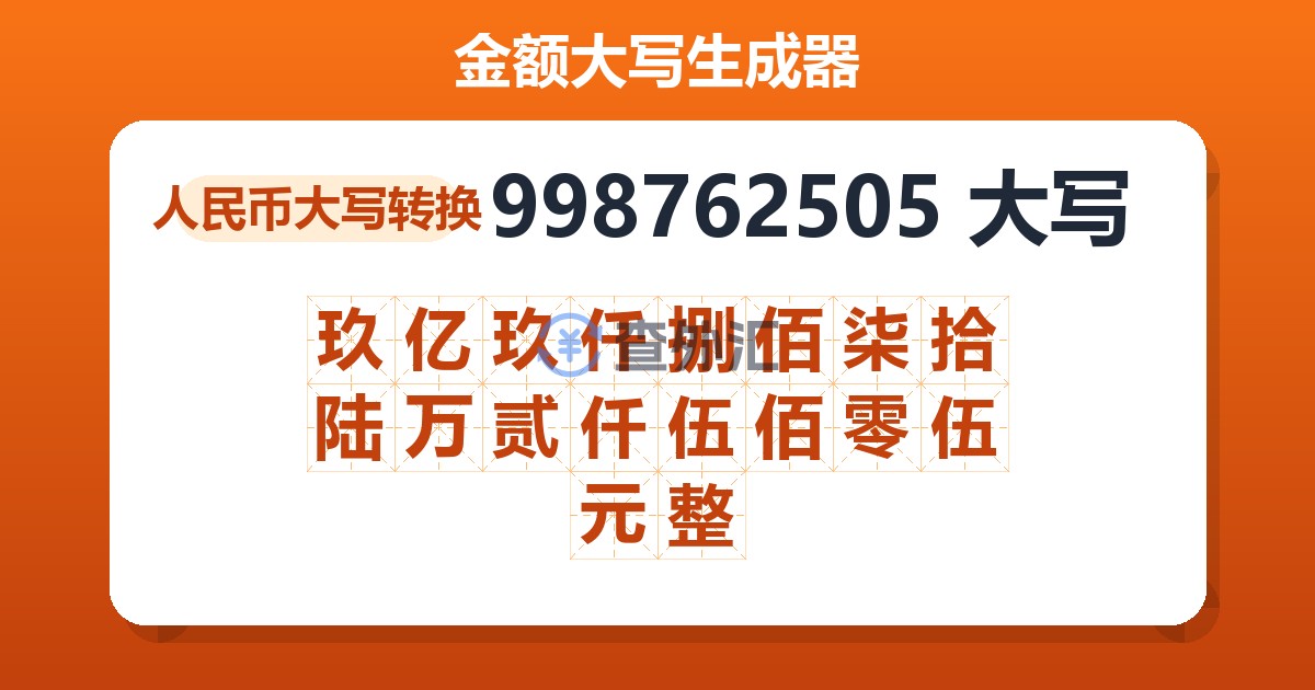 998762505大写 玖亿玖仟捌佰柒拾陆万贰仟伍佰零伍元整