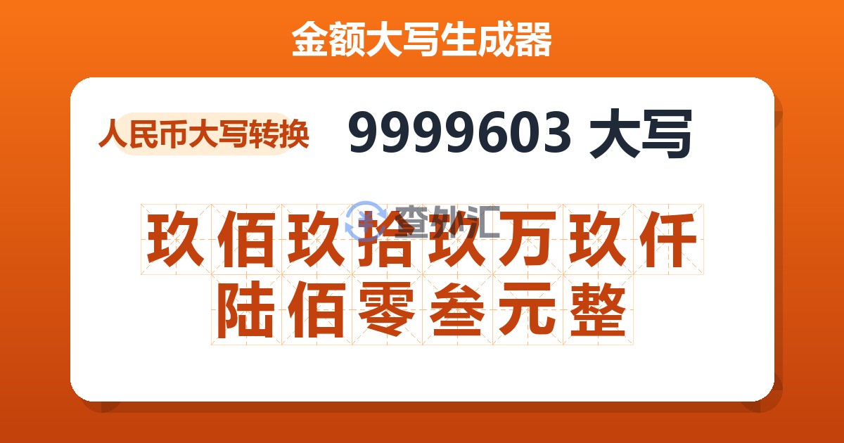 9999603大写 玖佰玖拾玖万玖仟陆佰零叁元整